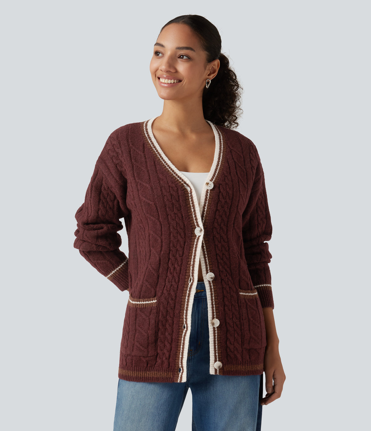 V Neck Long Sleeve Color Block Work Cardigan with Pockets — Berry Red — view 5