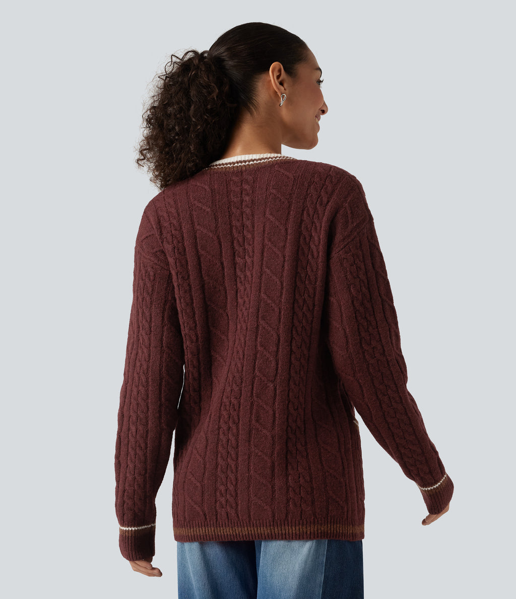 V Neck Long Sleeve Color Block Work Cardigan with Pockets — Berry Red — view 2