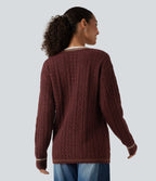 V Neck Long Sleeve Color Block Work Cardigan with Pockets — Berry Red — view 2