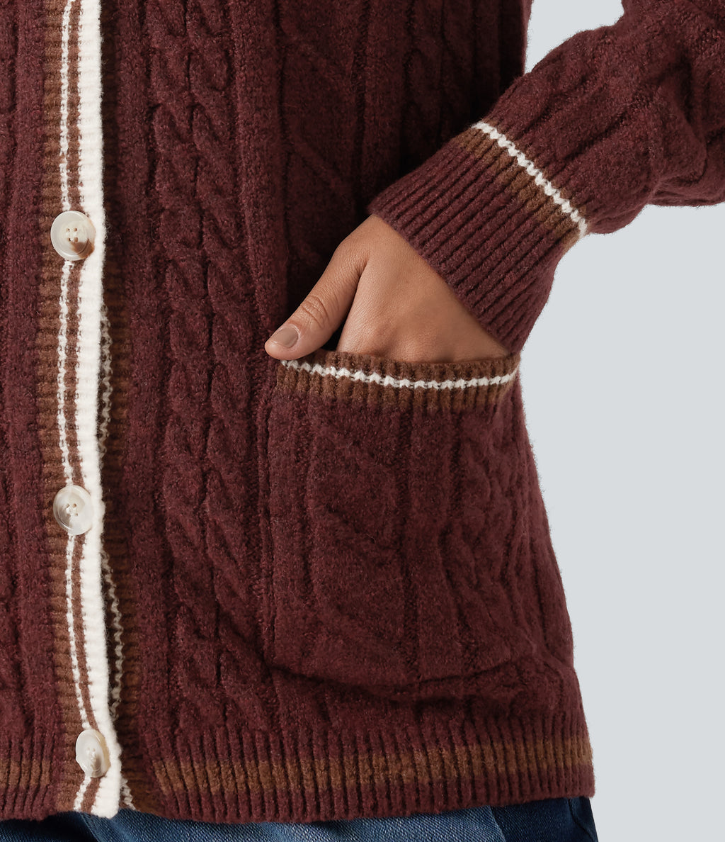 V Neck Long Sleeve Color Block Work Cardigan with Pockets — Berry Red — view 6
