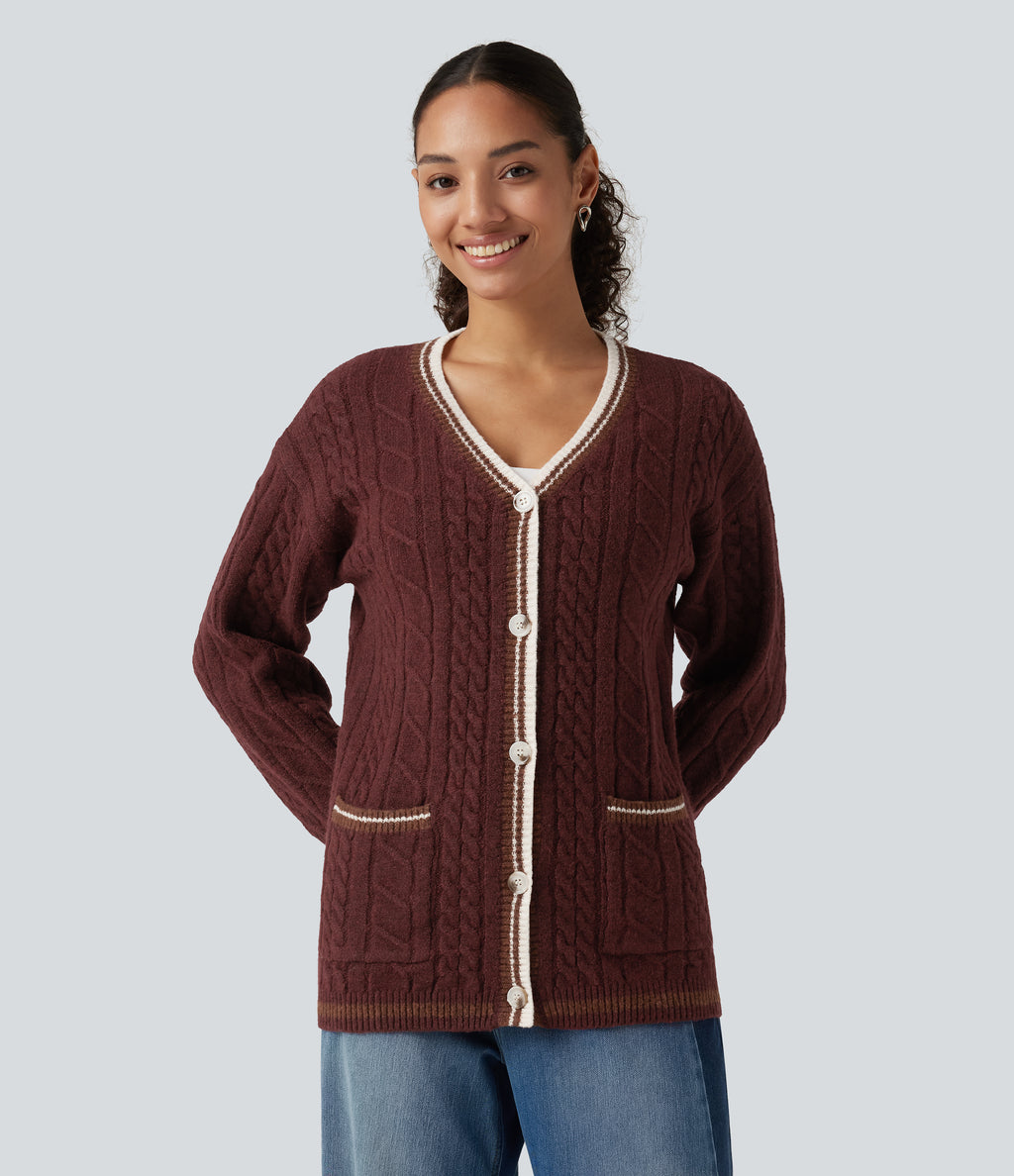 V Neck Long Sleeve Color Block Work Cardigan with Pockets — Berry Red — view 4