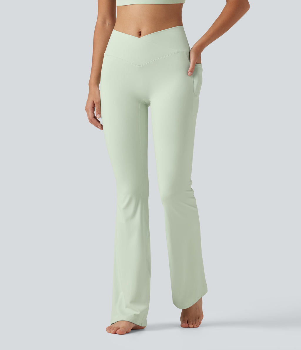 High Waisted Crossover Plain Bootcut Casual Leggings with Pockets-UPF50+ — Dusty Aqua — view 1