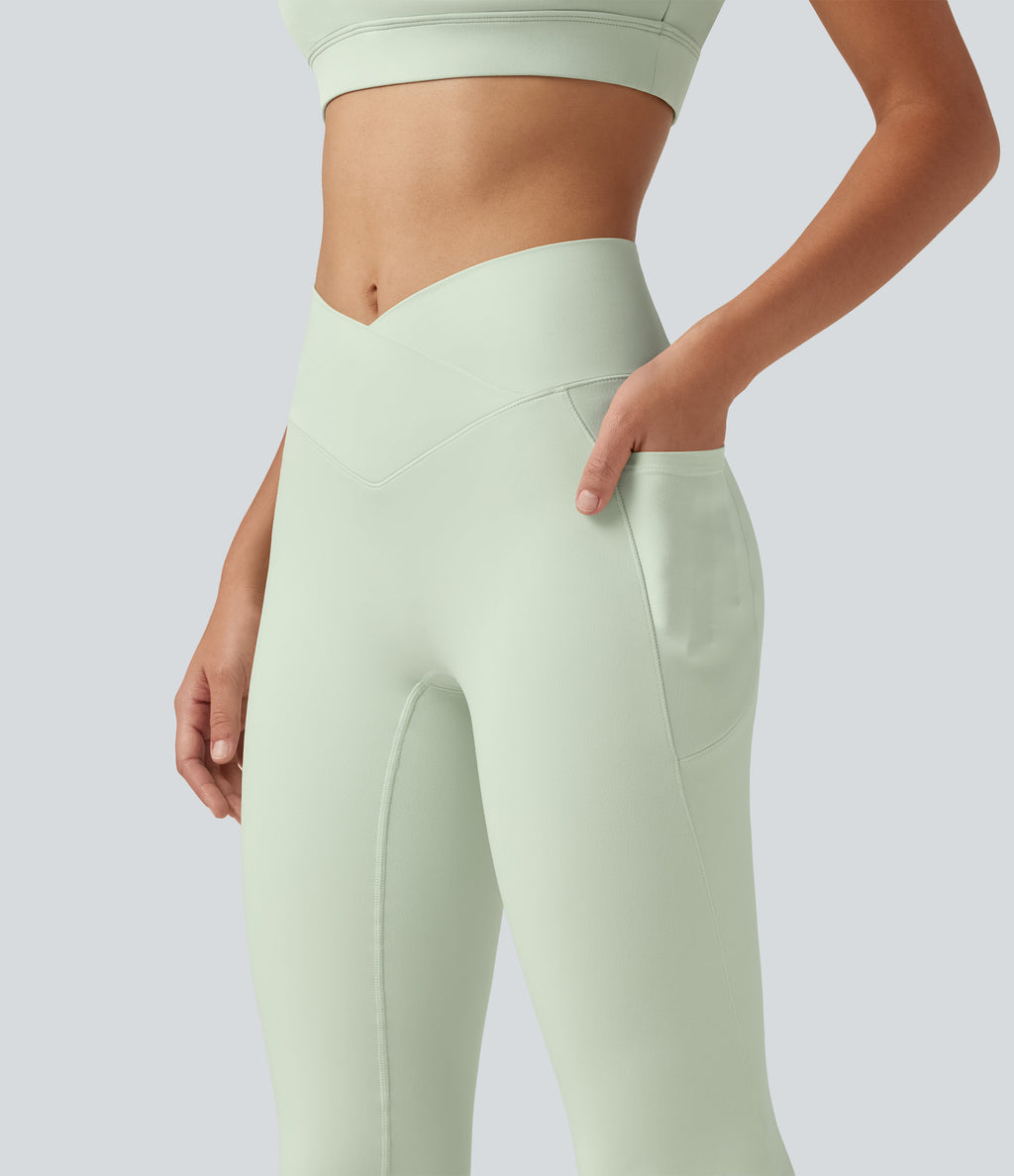 High Waisted Crossover Plain Bootcut Casual Leggings with Pockets-UPF50+ — Dusty Aqua — view 5