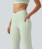 High Waisted Crossover Plain Bootcut Casual Leggings with Pockets-UPF50+ — Dusty Aqua — view 5