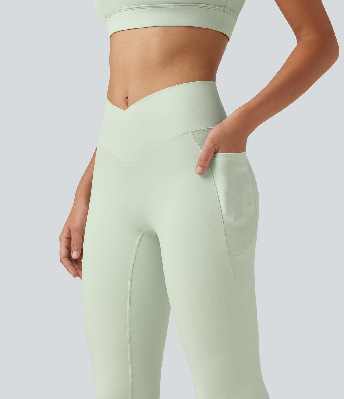 High Waisted Crossover Plain Bootcut Casual Leggings with Pockets-UPF50+ — Dusty Aqua — view 5