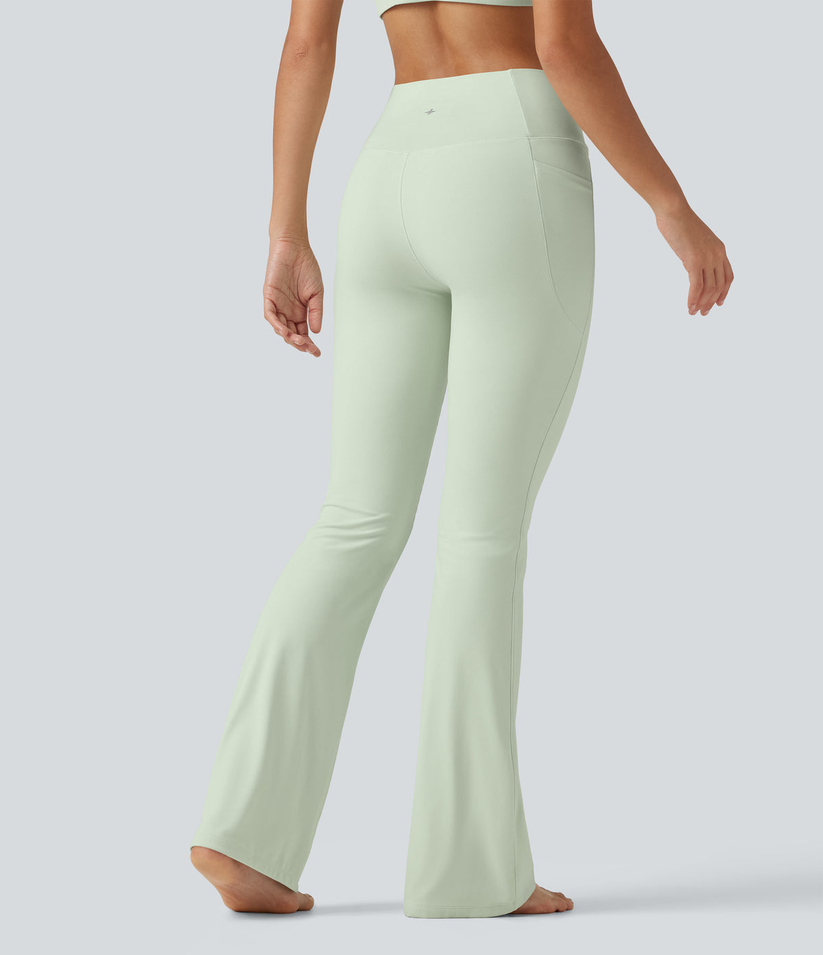 High Waisted Crossover Plain Bootcut Casual Leggings with Pockets-UPF50+ — Dusty Aqua — view 2
