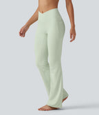 High Waisted Crossover Plain Bootcut Casual Leggings with Pockets-UPF50+ — Dusty Aqua — view 3