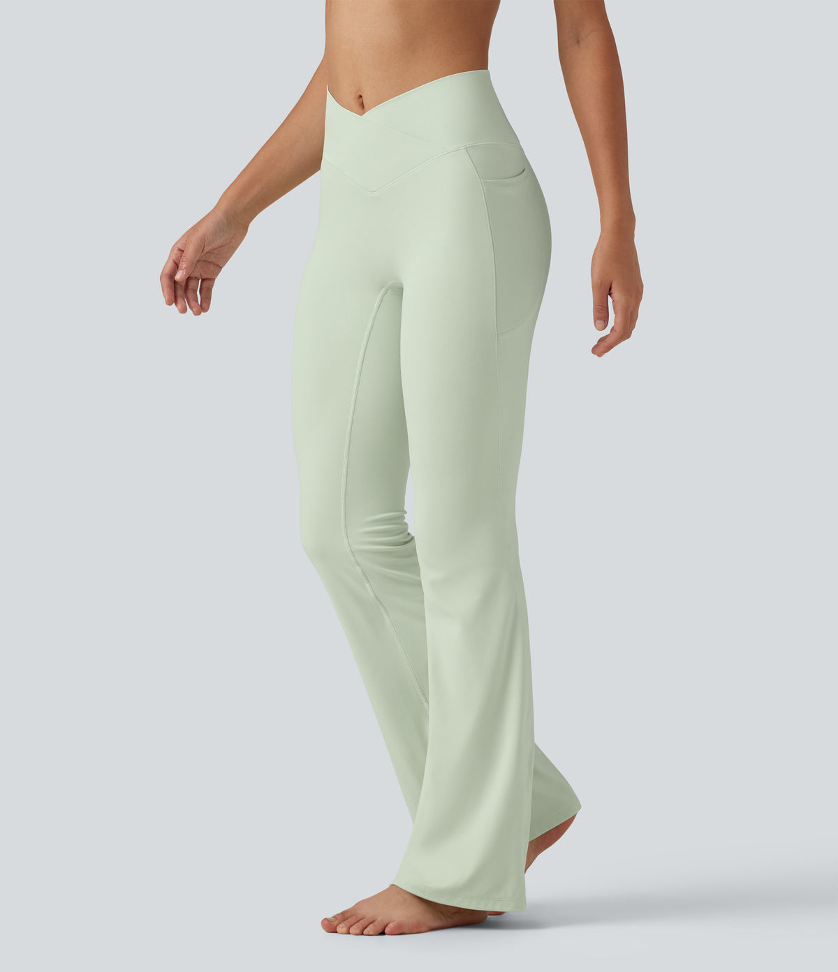 High Waisted Crossover Plain Bootcut Casual Leggings with Pockets-UPF50+ — Dusty Aqua — view 3