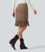 High Waisted 2-in-1 Fringe Hem Midi Suede Party Skirt — Coca Mocha — view 2
