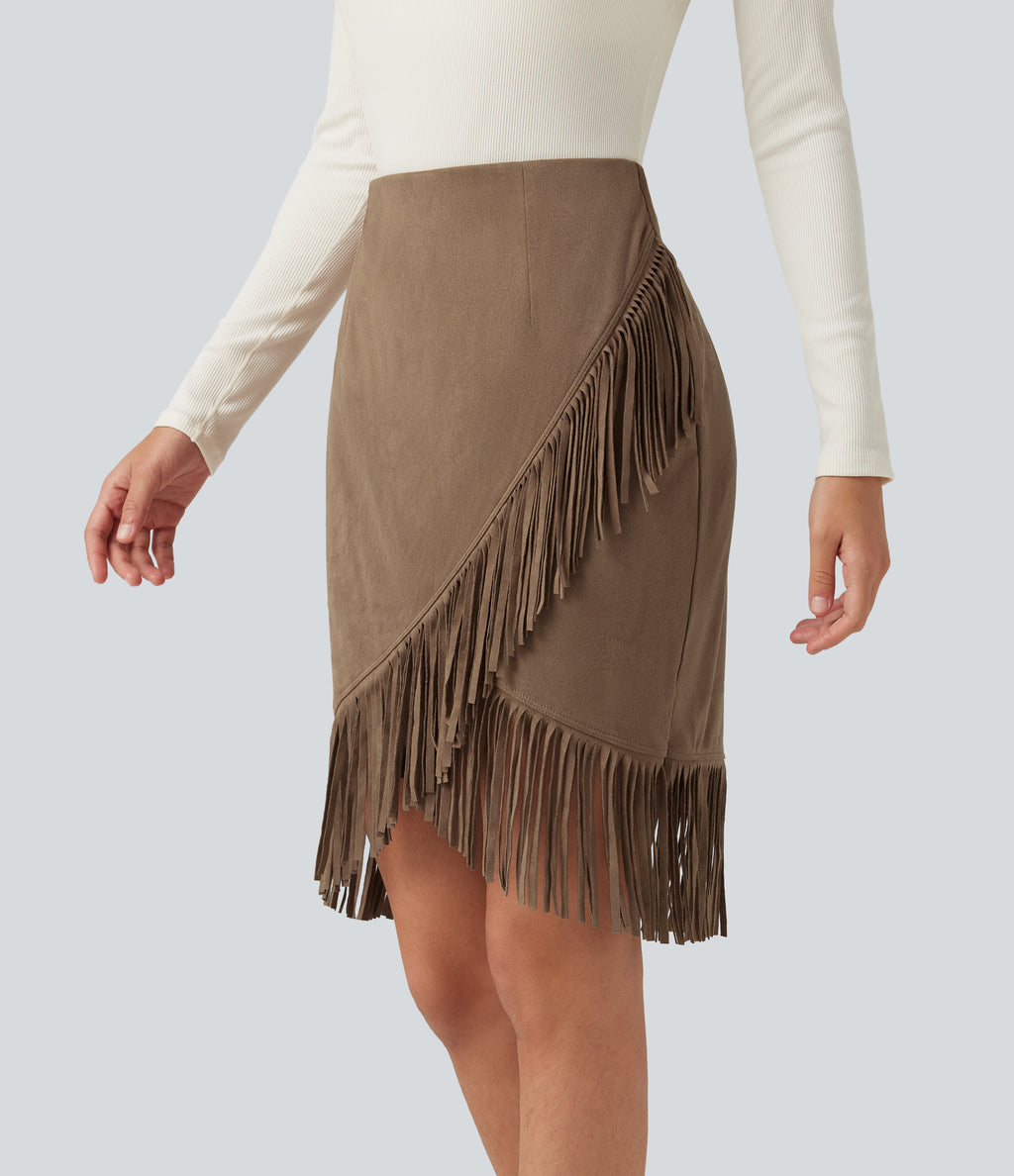 High Waisted 2-in-1 Fringe Hem Midi Suede Party Skirt — Coca Mocha — view 5