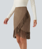 High Waisted 2-in-1 Fringe Hem Midi Suede Party Skirt — Coca Mocha — view 5