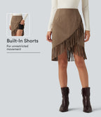 High Waisted 2-in-1 Fringe Hem Midi Suede Party Skirt — Coca Mocha — view 1
