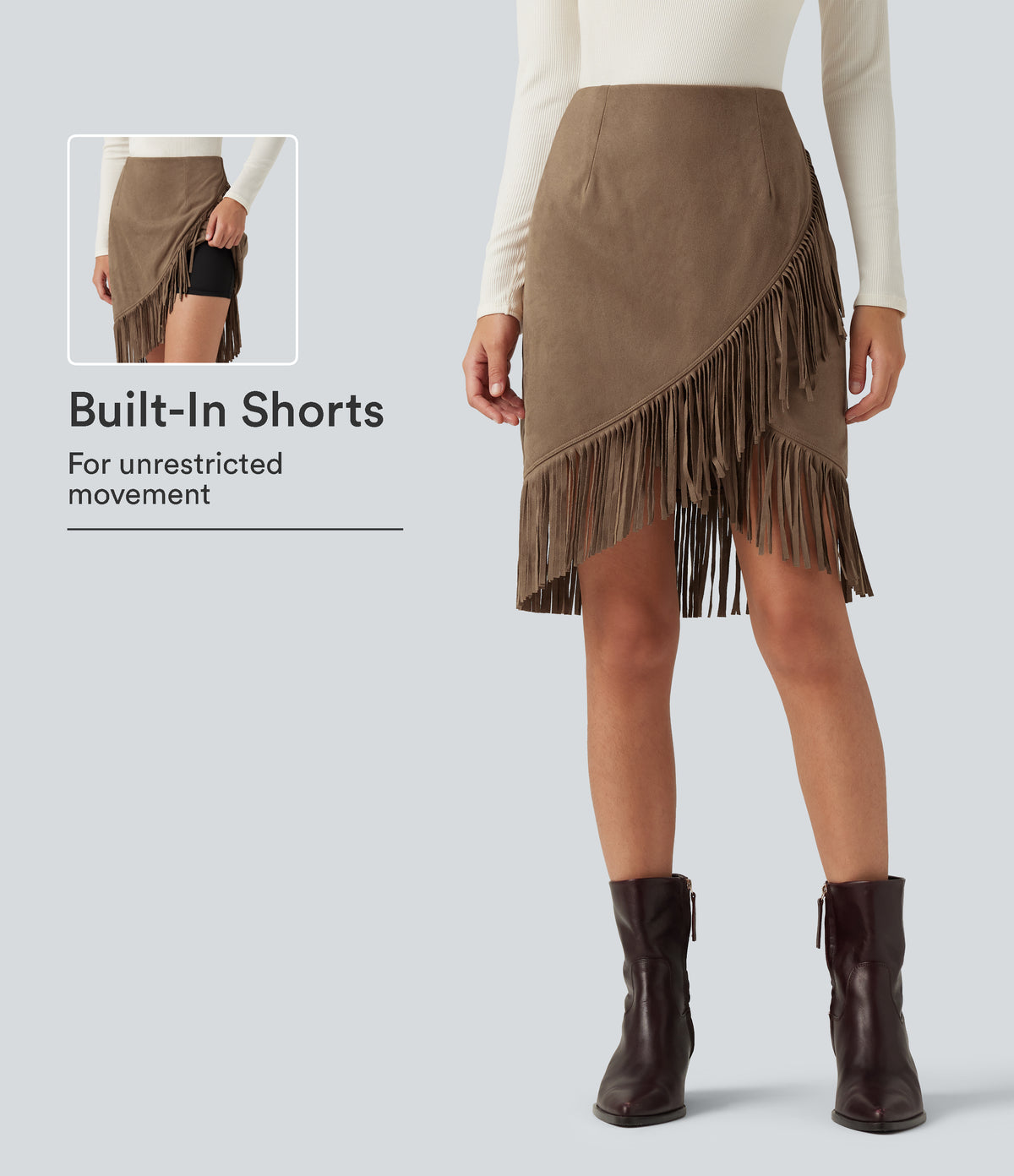 High Waisted 2-in-1 Fringe Hem Midi Suede Party Skirt — Coca Mocha — view 1