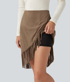 High Waisted 2-in-1 Fringe Hem Midi Suede Party Skirt — Coca Mocha — view 4