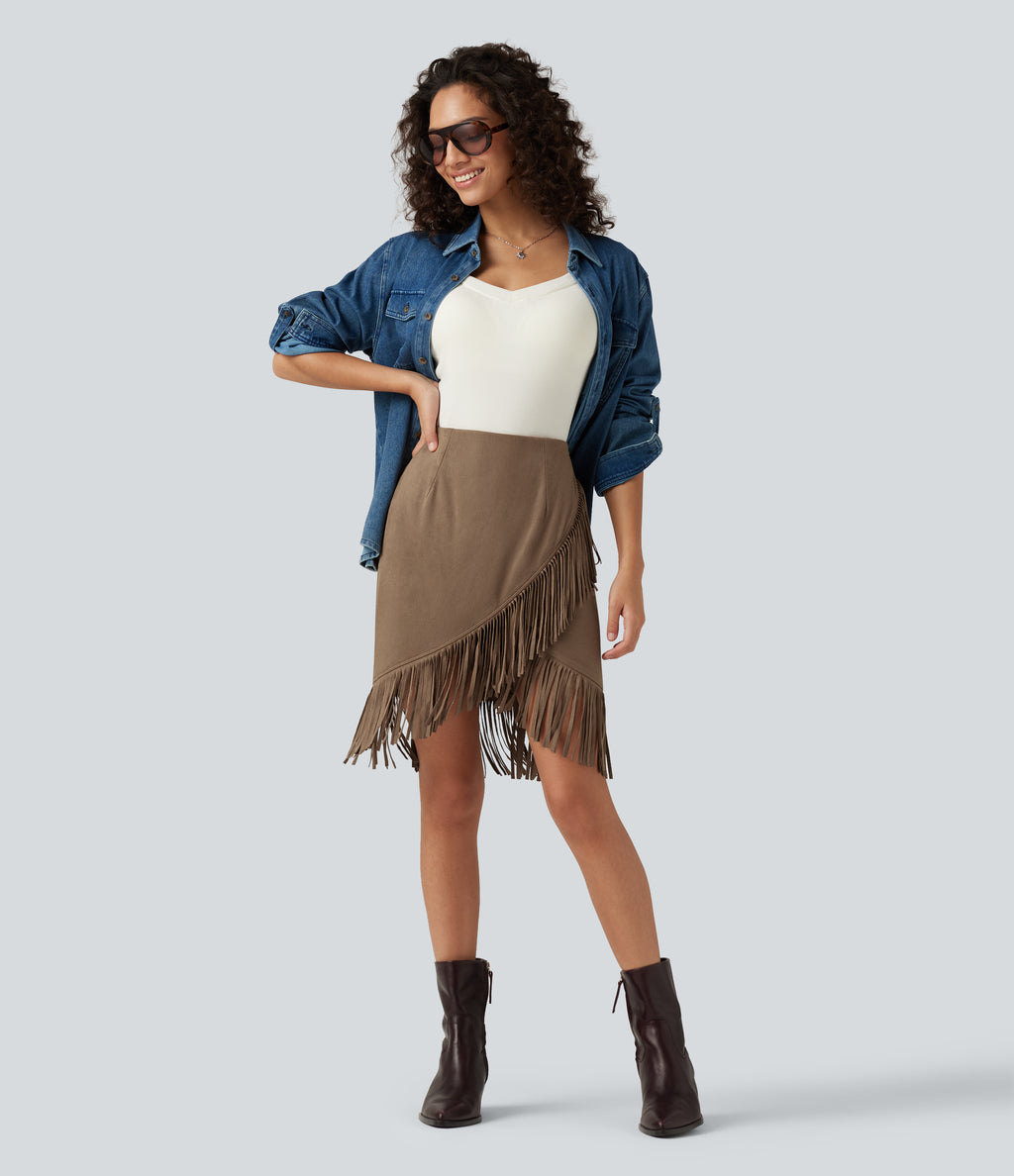 High Waisted 2-in-1 Fringe Hem Midi Suede Party Skirt — Coca Mocha — view 7