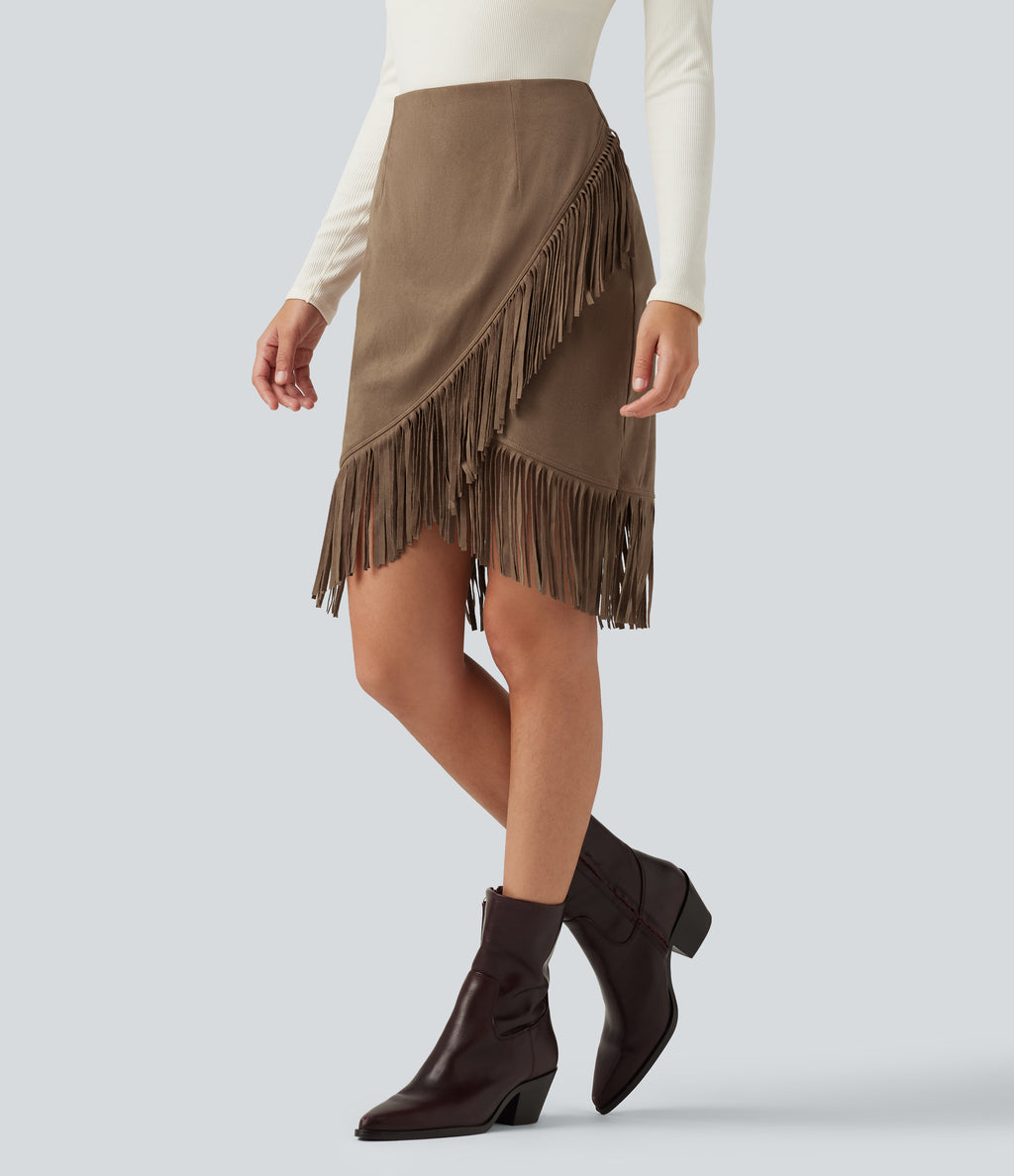 High Waisted 2-in-1 Fringe Hem Midi Suede Party Skirt — Coca Mocha — view 3