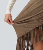 High Waisted 2-in-1 Fringe Hem Midi Suede Party Skirt — Coca Mocha — view 6