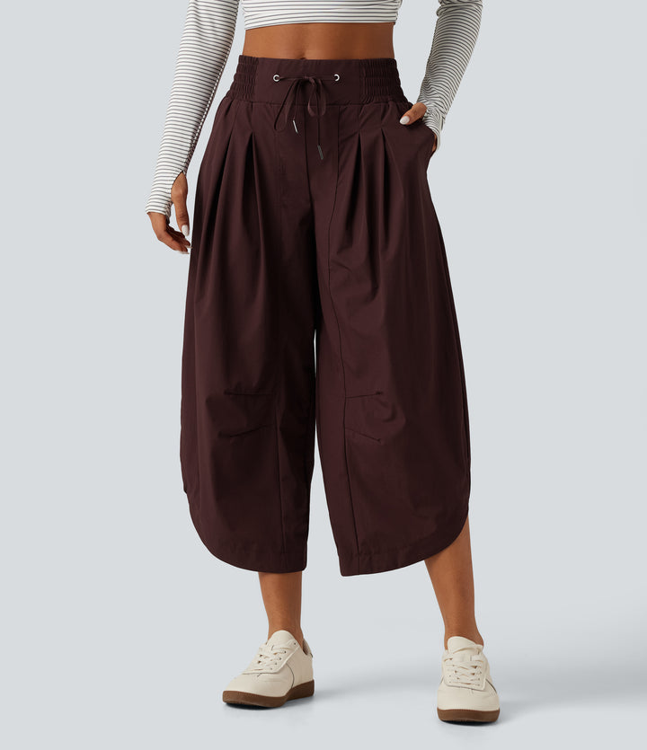 Mid Rise Barrel Leg Shirred Drawstring Curved Hem Yoga Trousers with Pockets — Decadent Chocolate — view 1