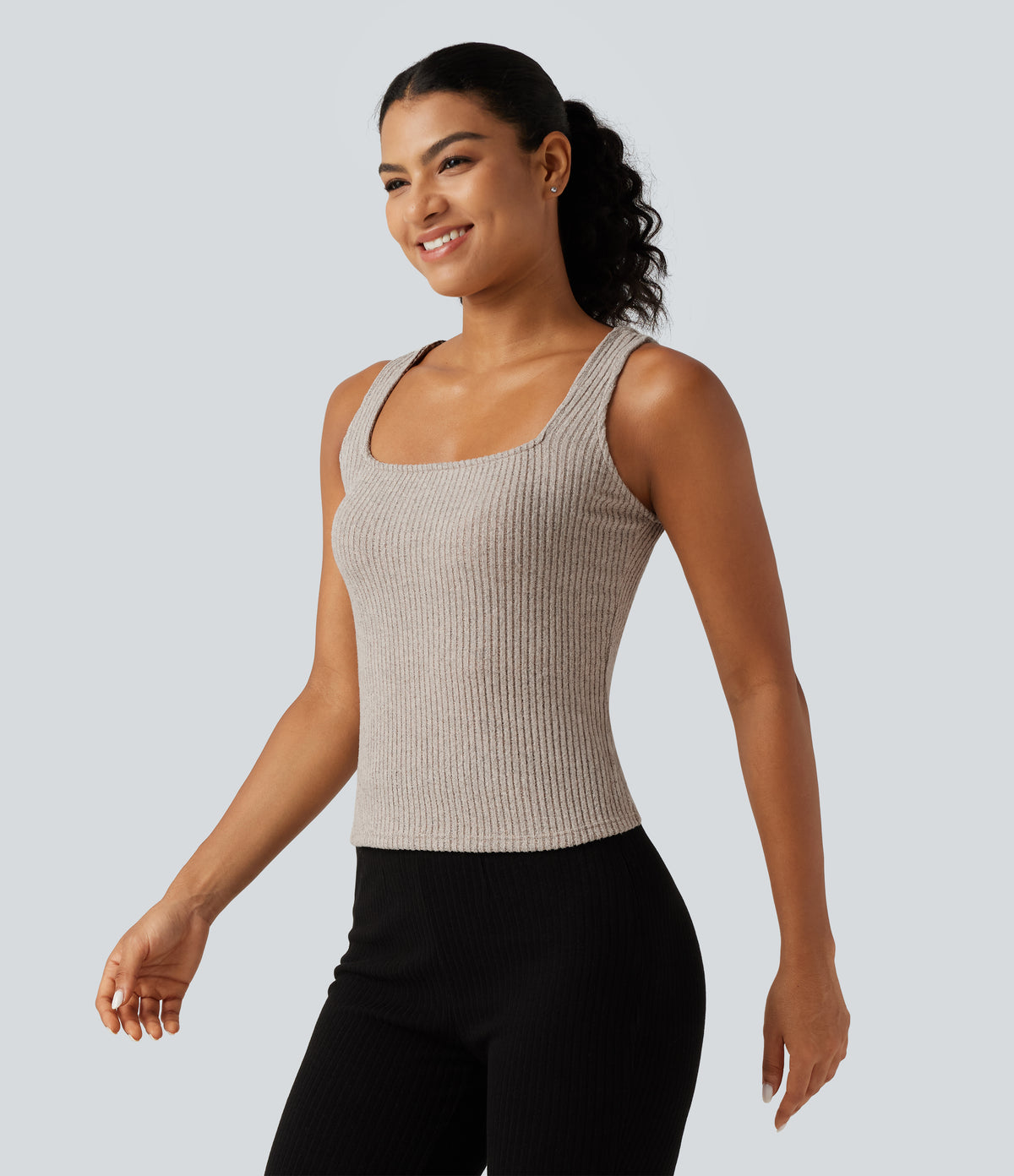 Ribbed Knit Square Neck Casual Tank Top — Smoked Olive — view 3