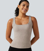 Ribbed Knit Square Neck Casual Tank Top — Smoked Olive — view 1