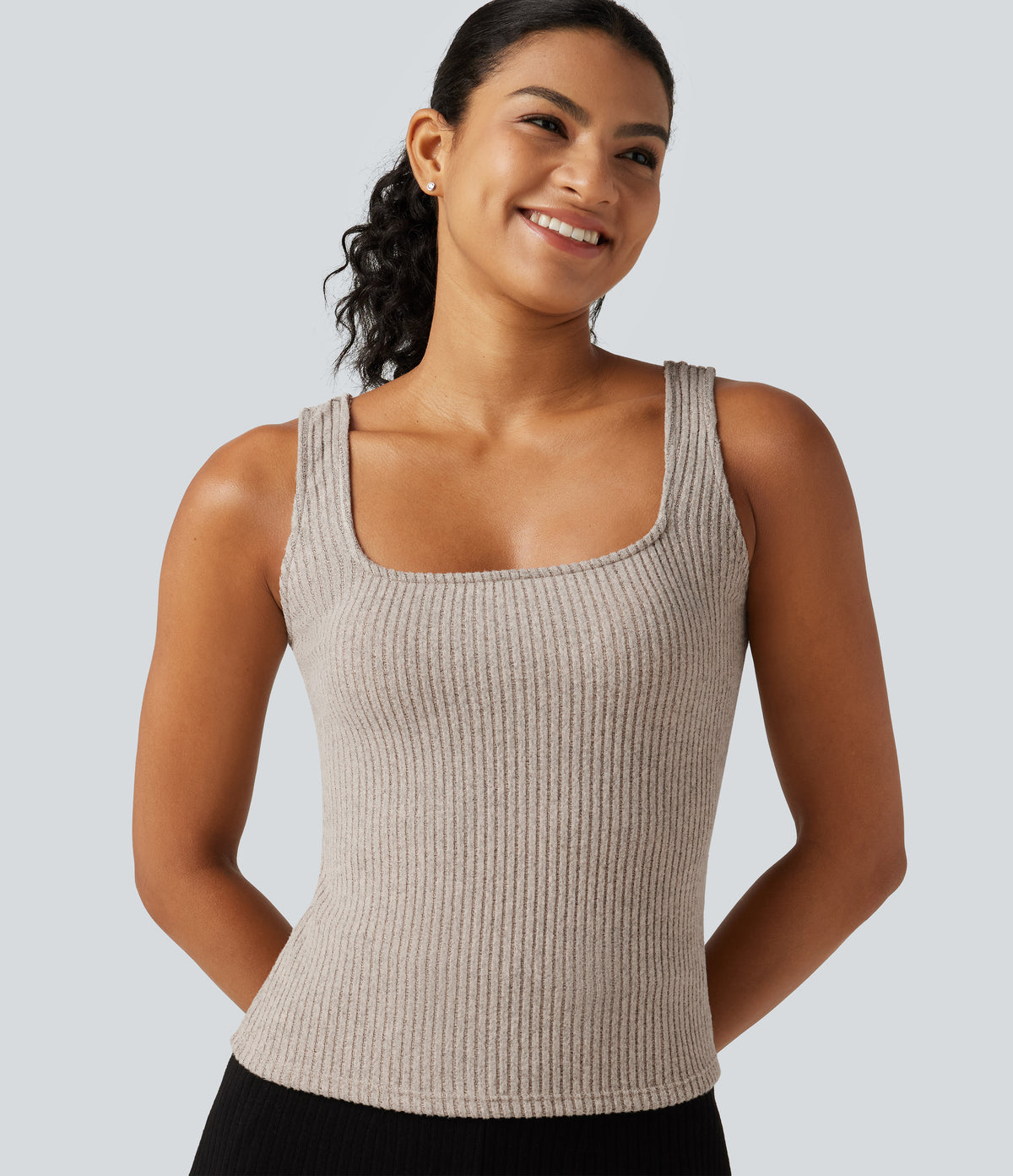 Ribbed Knit Square Neck Casual Tank Top — Smoked Olive — view 1