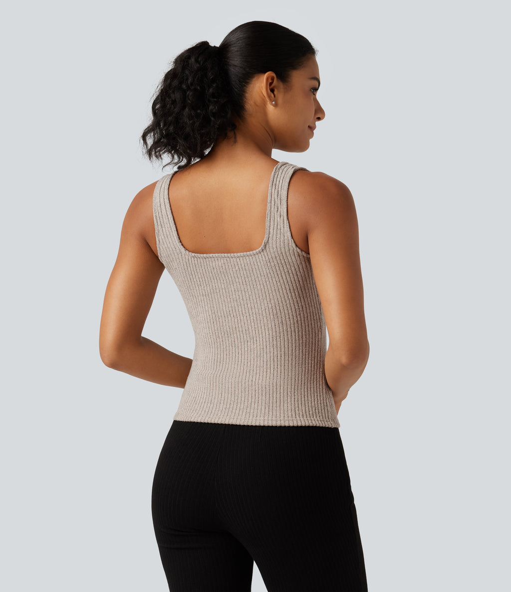 Ribbed Knit Square Neck Casual Tank Top — Smoked Olive — view 2