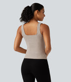 Ribbed Knit Square Neck Casual Tank Top — Smoked Olive — view 2
