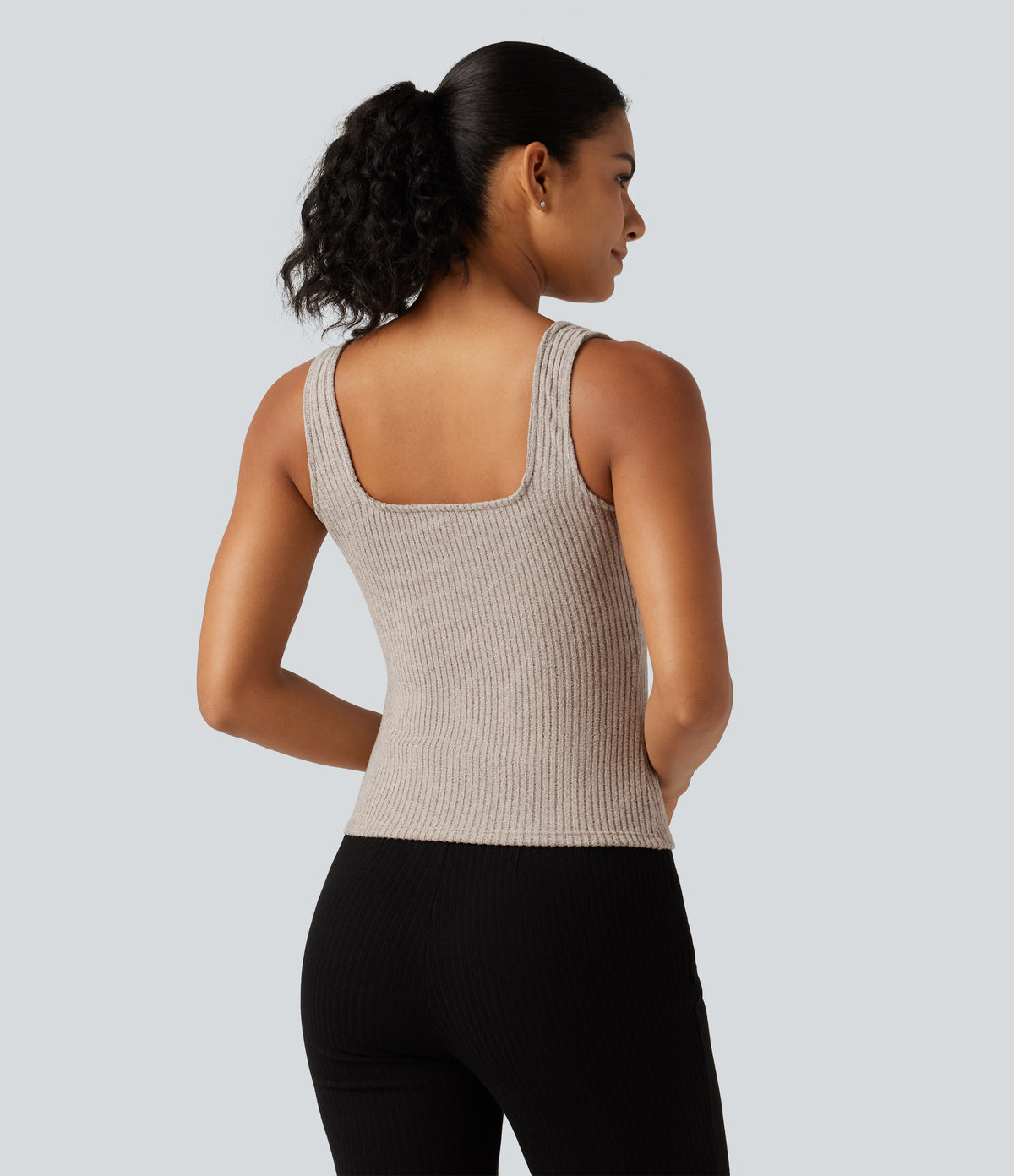 Ribbed Knit Square Neck Casual Tank Top — Smoked Olive — view 2