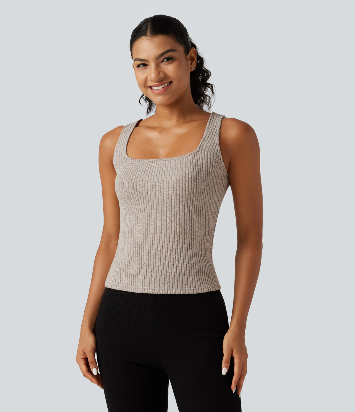 Ribbed Knit Square Neck Casual Tank Top — Smoked Olive — view 4