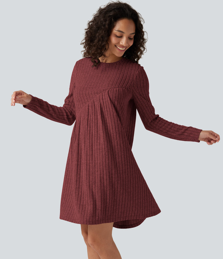 Ribbed Knit Round Neck Long Sleeve Asymmetric Mini Casual Dress — Pomegranate — view 1