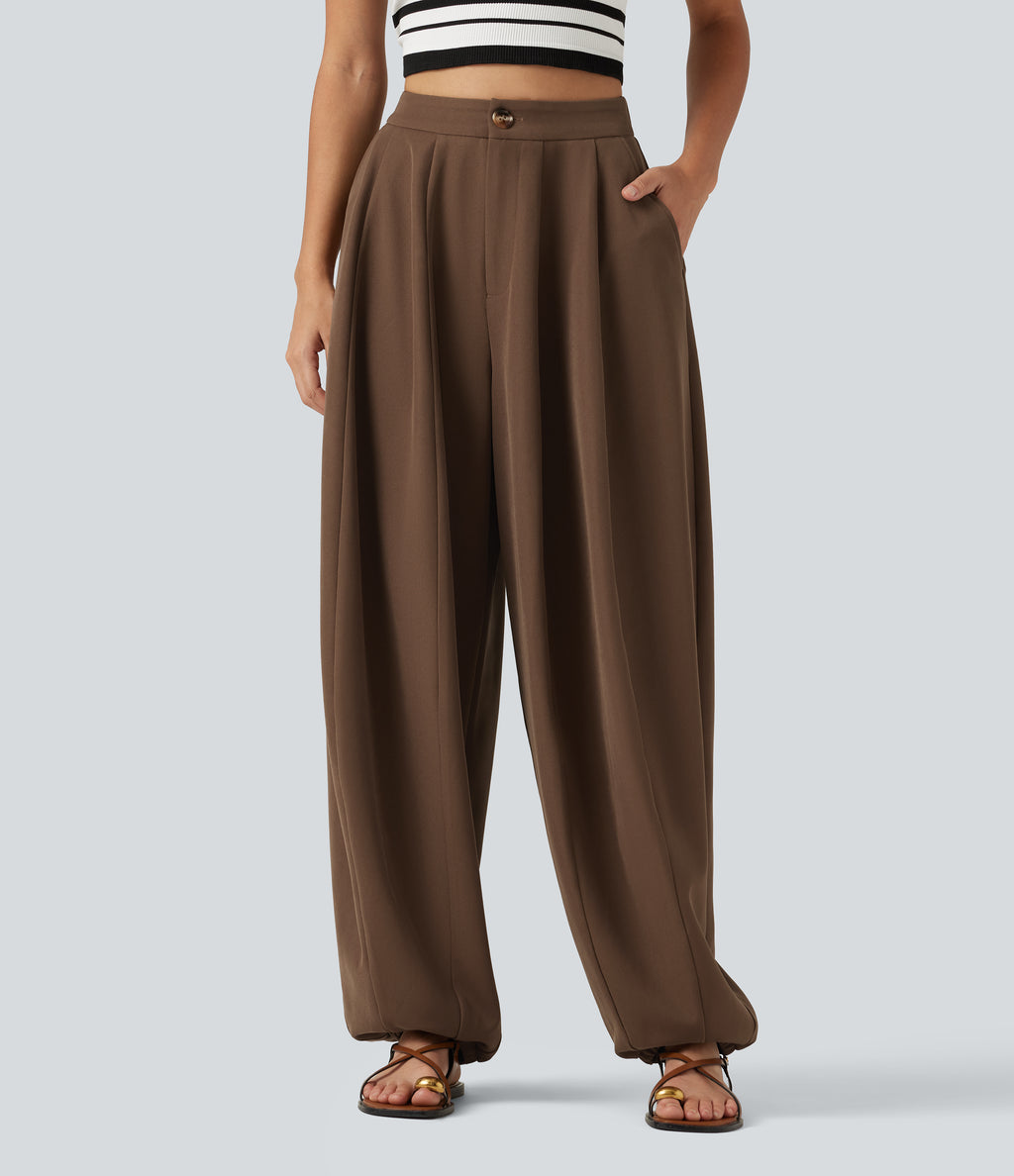 High Waisted Balloon Casual Trousers with Pockets — Partridge — view 1
