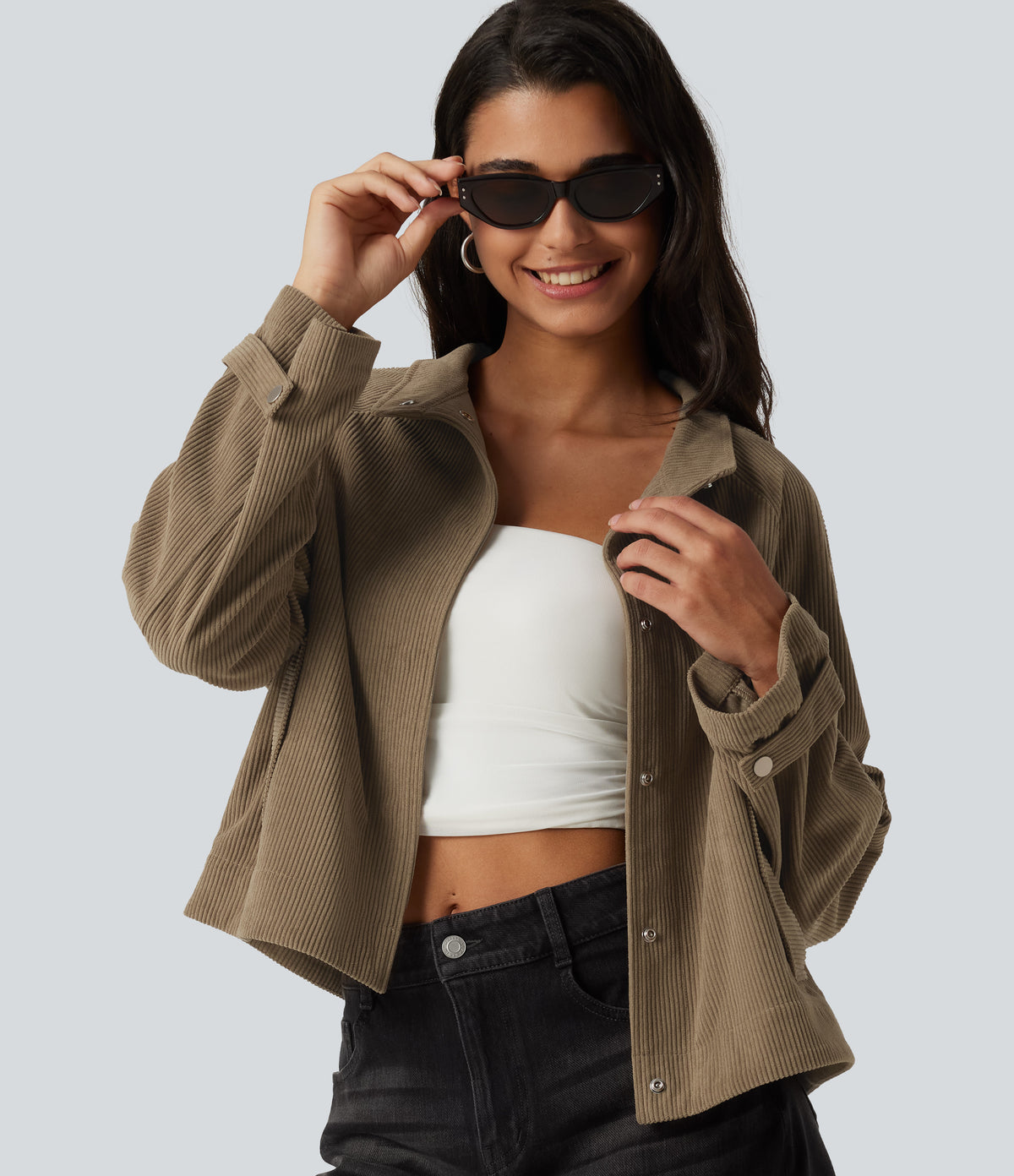 Long Sleeve Corduroy Casual Shirt Jacket with Pockets — Sepia Tint — view 4