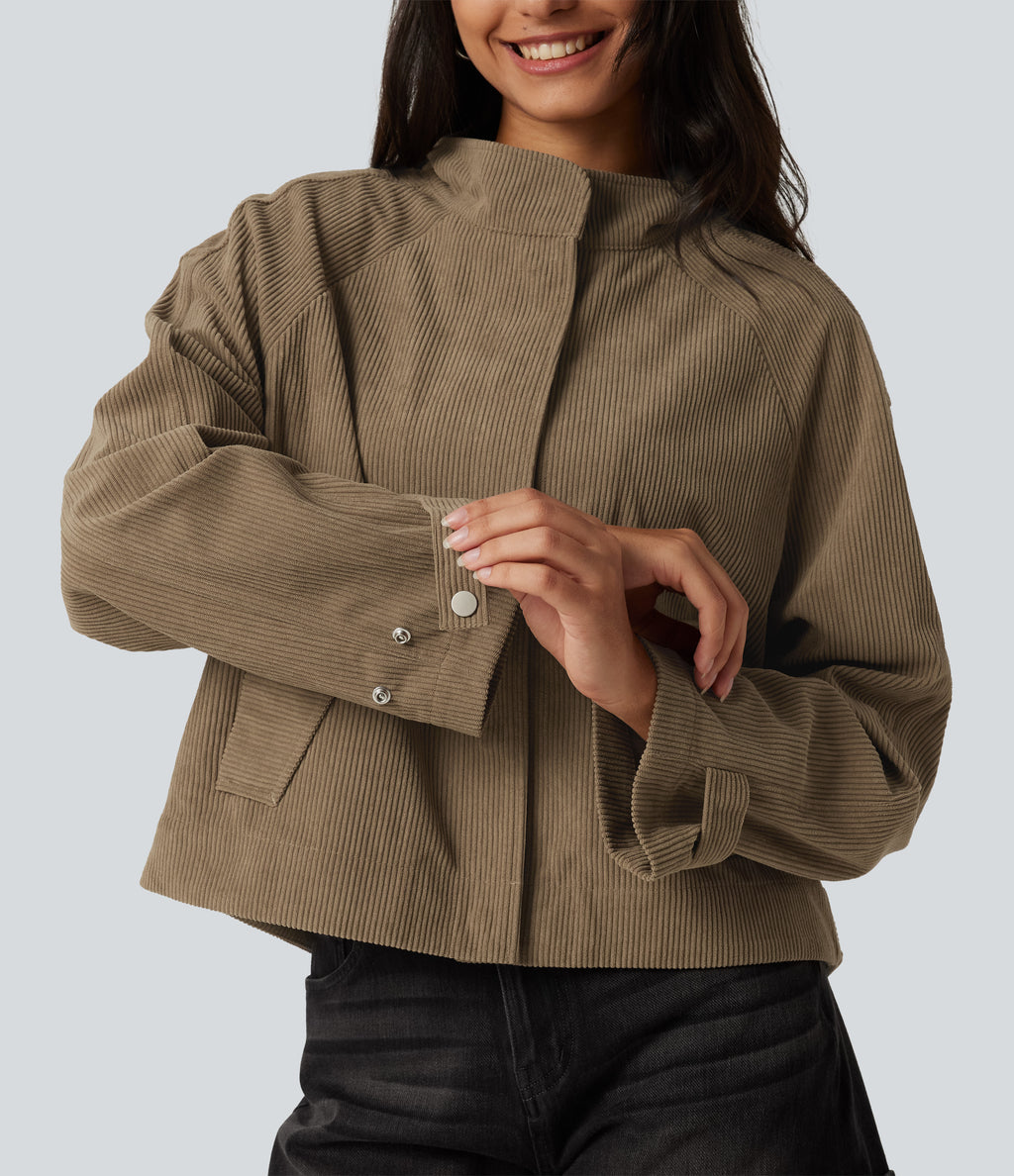 Long Sleeve Corduroy Casual Shirt Jacket with Pockets — Sepia Tint — view 6