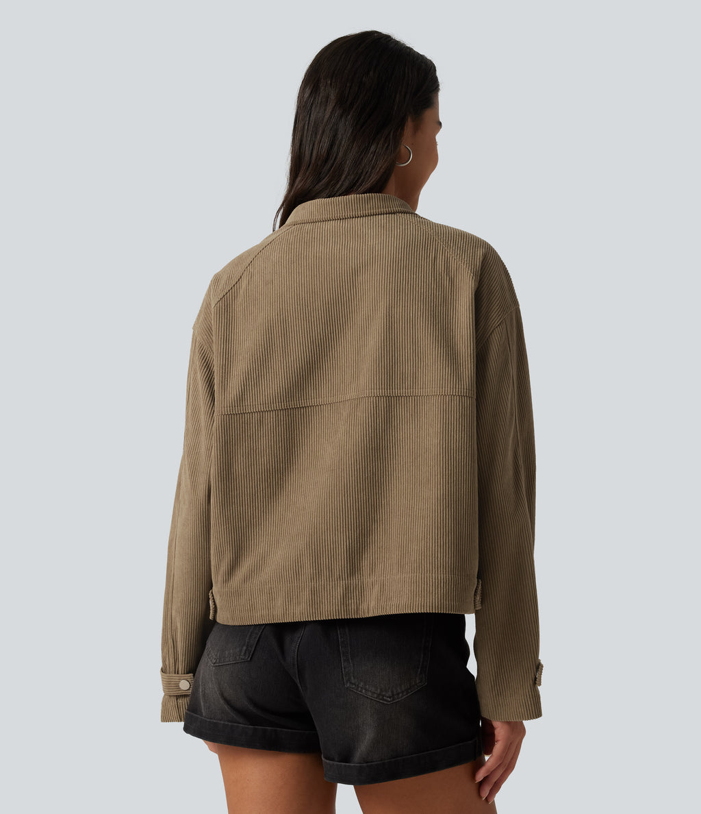 Long Sleeve Corduroy Casual Shirt Jacket with Pockets — Sepia Tint — view 2