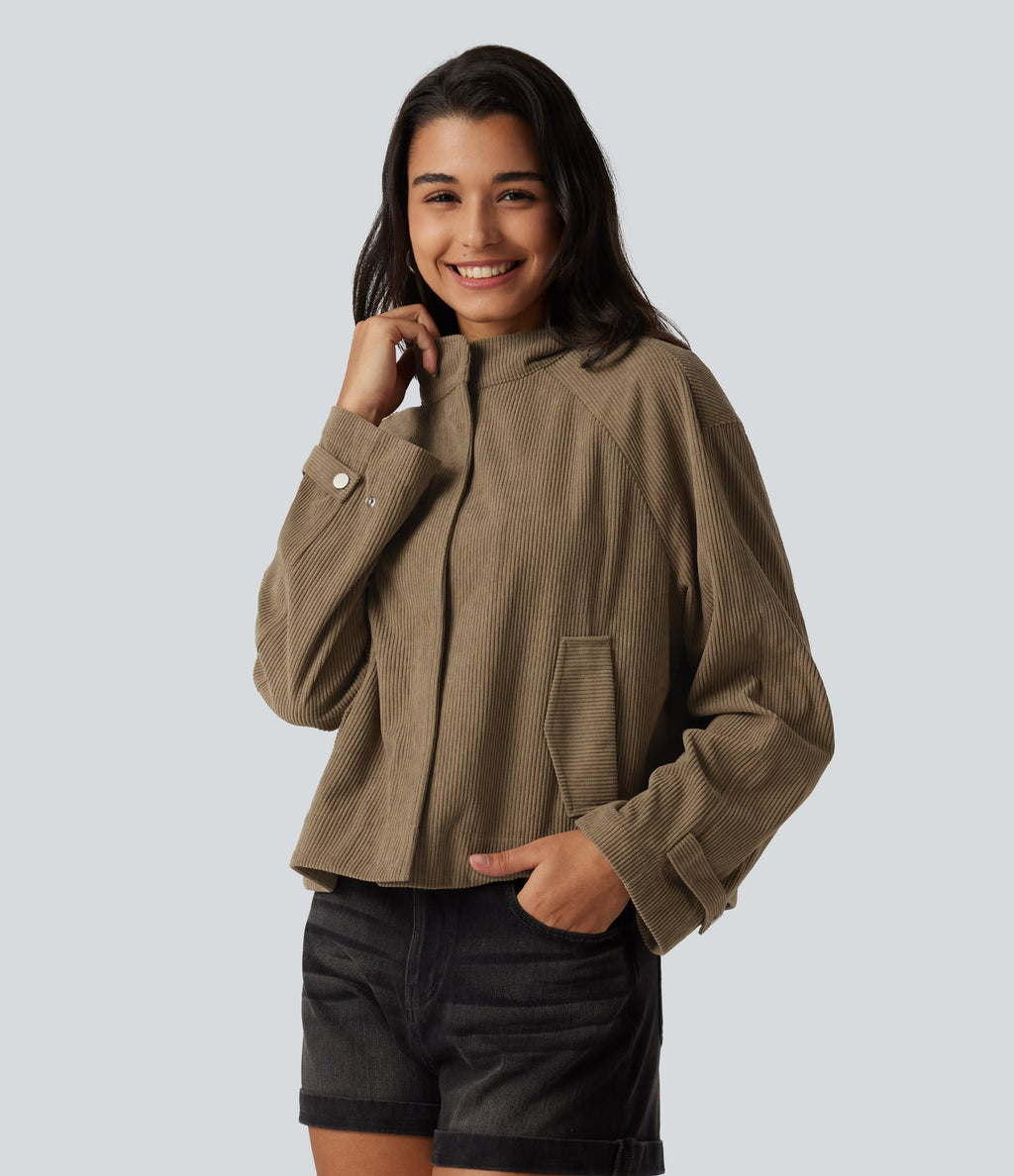 Long Sleeve Corduroy Casual Shirt Jacket with Pockets — Sepia Tint — view 5