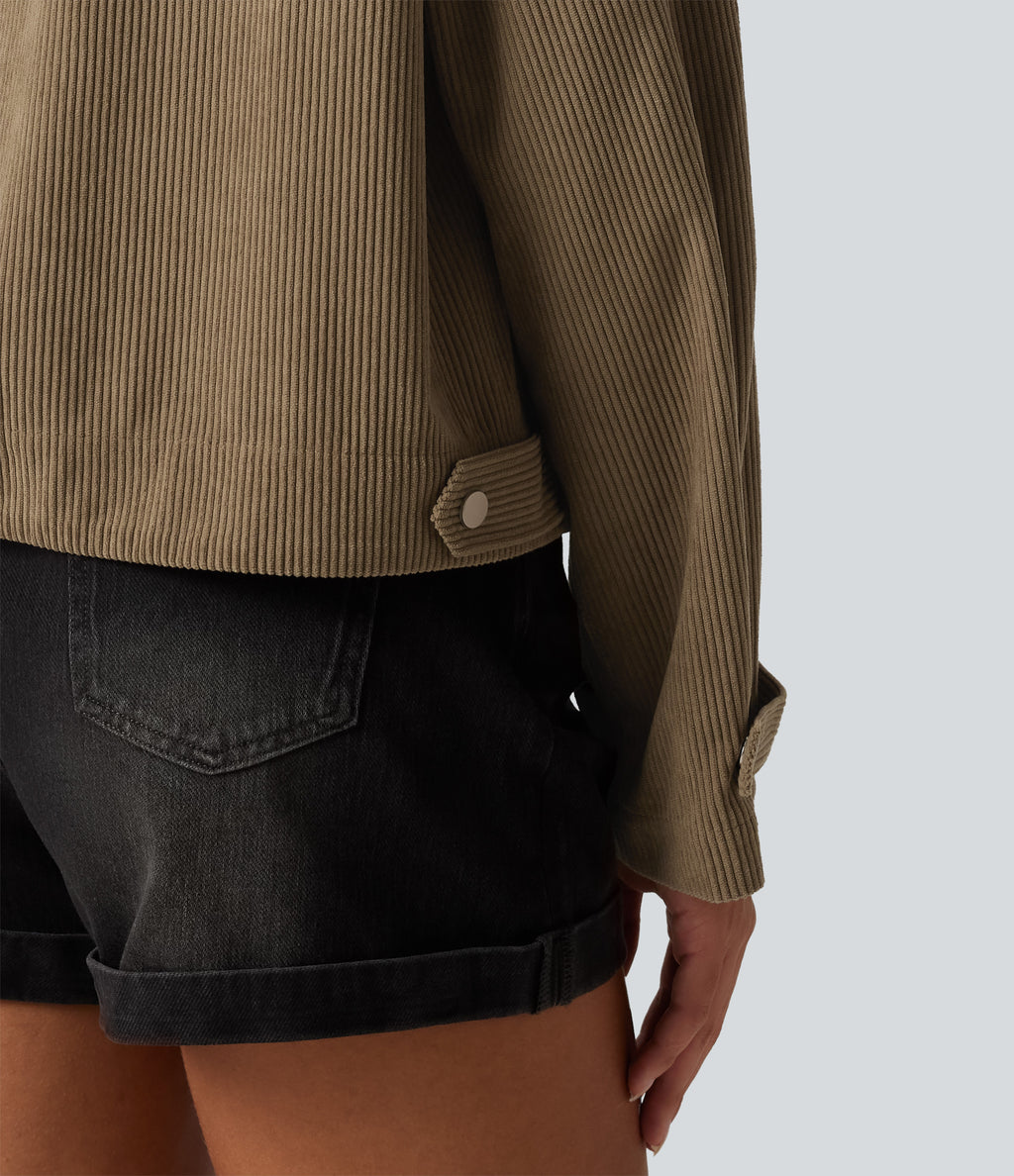 Long Sleeve Corduroy Casual Shirt Jacket with Pockets — Sepia Tint — view 7