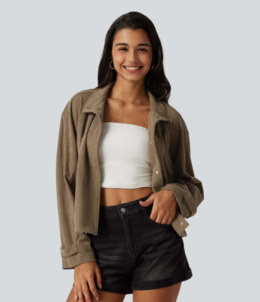 Long Sleeve Corduroy Casual Shirt Jacket with Pockets — Sepia Tint — view 1