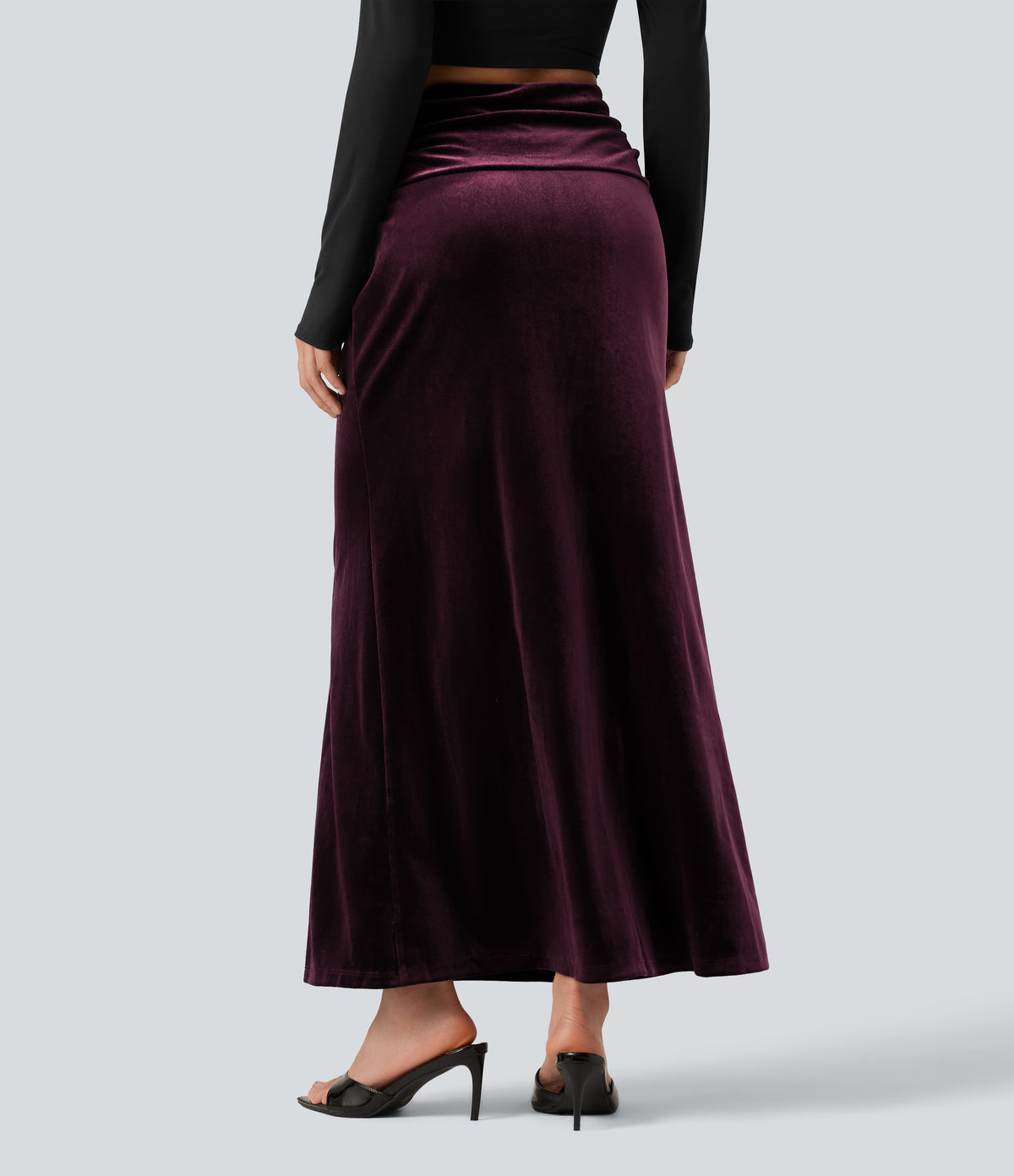 High Waisted Tummy Control Ruched Velvet Maxi Mermaid Skirt — Dusky purple — view 2