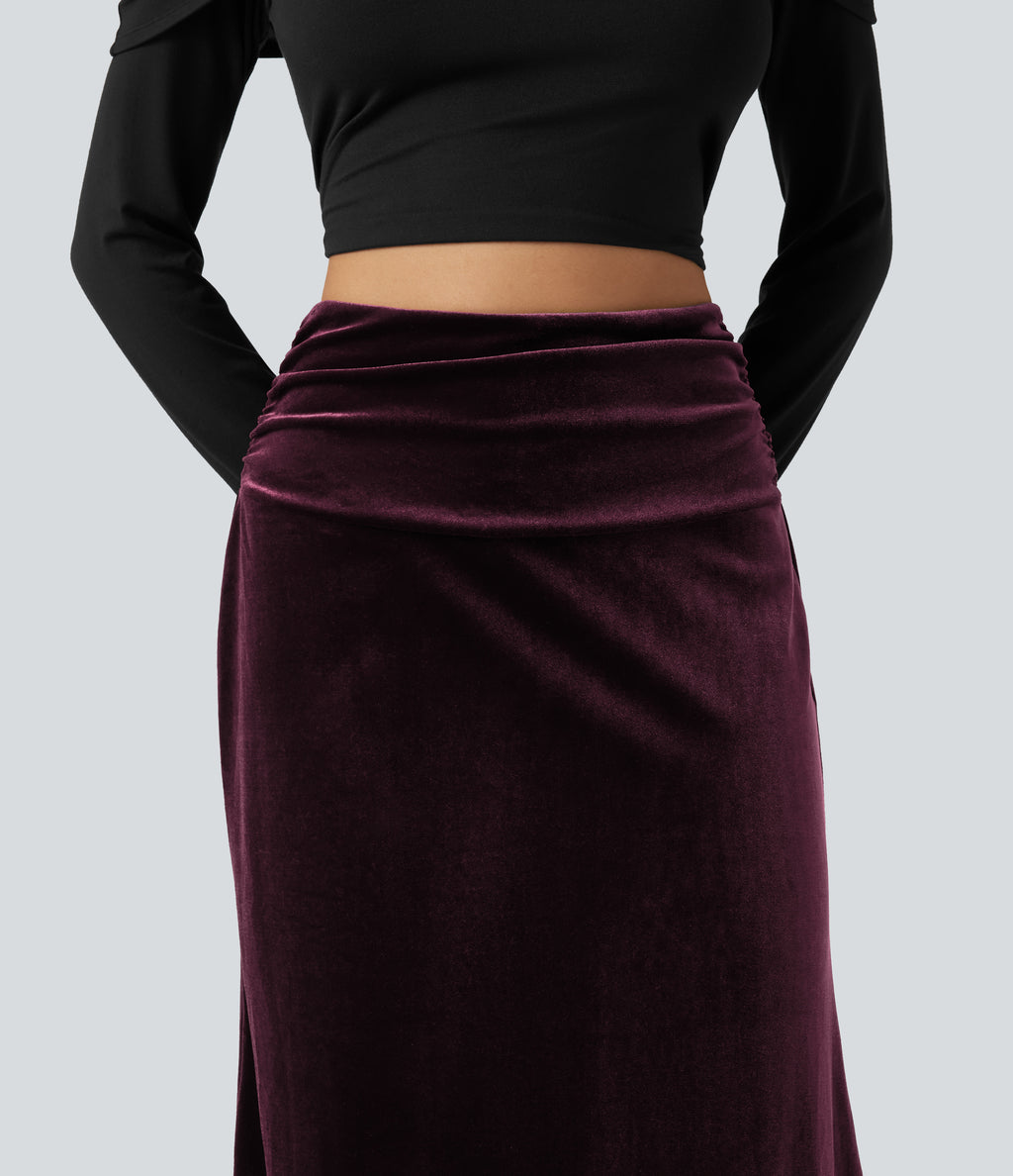 High Waisted Tummy Control Ruched Velvet Maxi Mermaid Skirt — Dusky purple — view 4