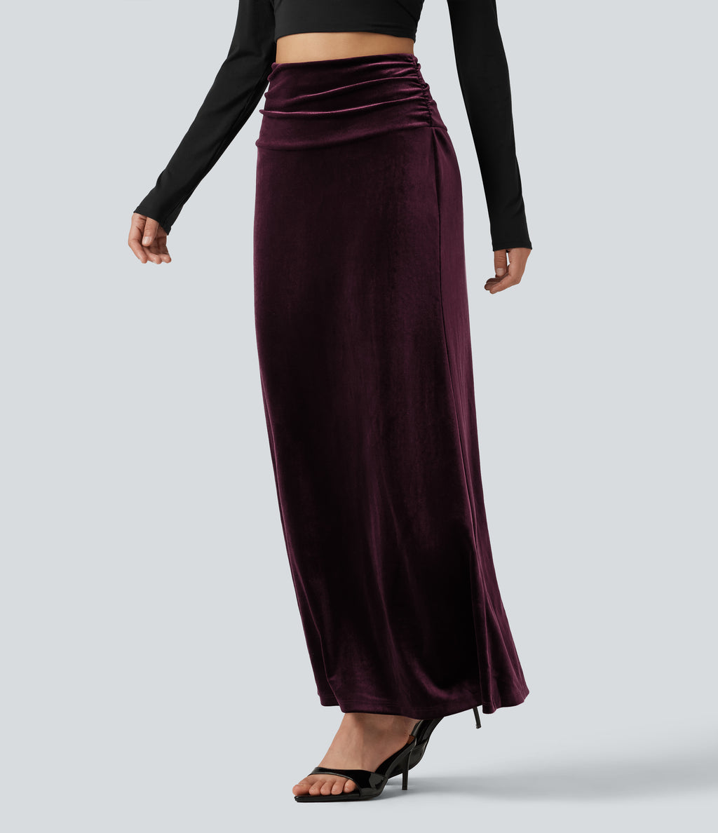 High Waisted Tummy Control Ruched Velvet Maxi Mermaid Skirt — Dusky purple — view 3