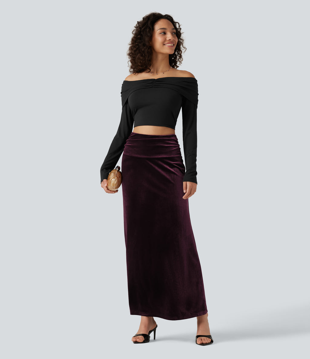 High Waisted Tummy Control Ruched Velvet Maxi Mermaid Skirt — Dusky purple — view 7