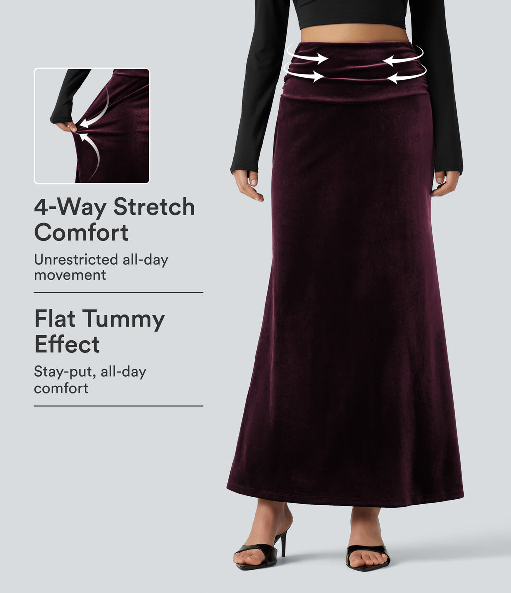 High Waisted Tummy Control Ruched Velvet Maxi Mermaid Skirt — Dusky purple — view 1