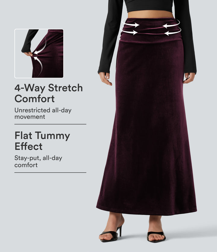 High Waisted Tummy Control Ruched Velvet Maxi Mermaid Skirt — Dusky purple — view 1