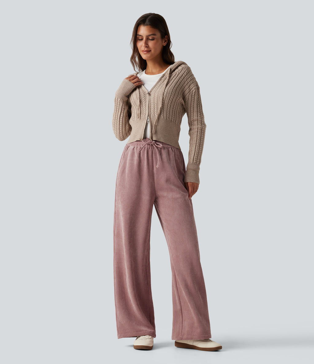 High Waisted Drawstring Wide Leg Corduroy Casual Trousers with Pockets — Woodrose — view 5