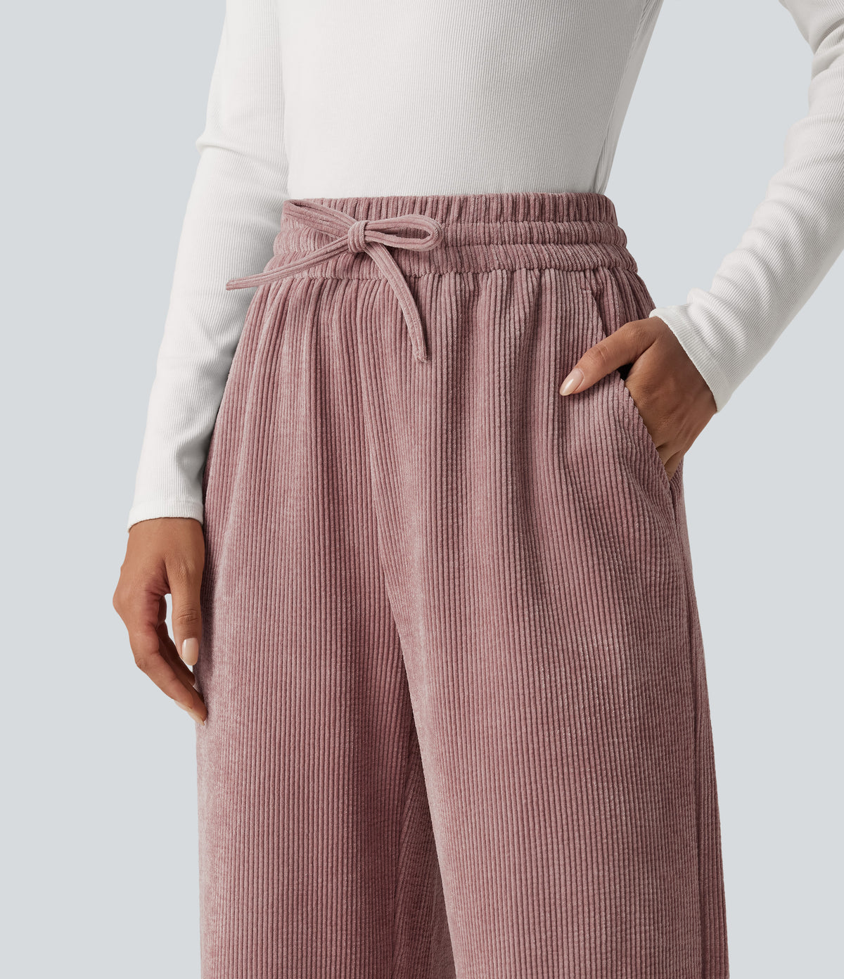 High Waisted Drawstring Wide Leg Corduroy Casual Trousers with Pockets — Woodrose — view 4