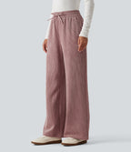 High Waisted Drawstring Wide Leg Corduroy Casual Trousers with Pockets — Woodrose — view 3