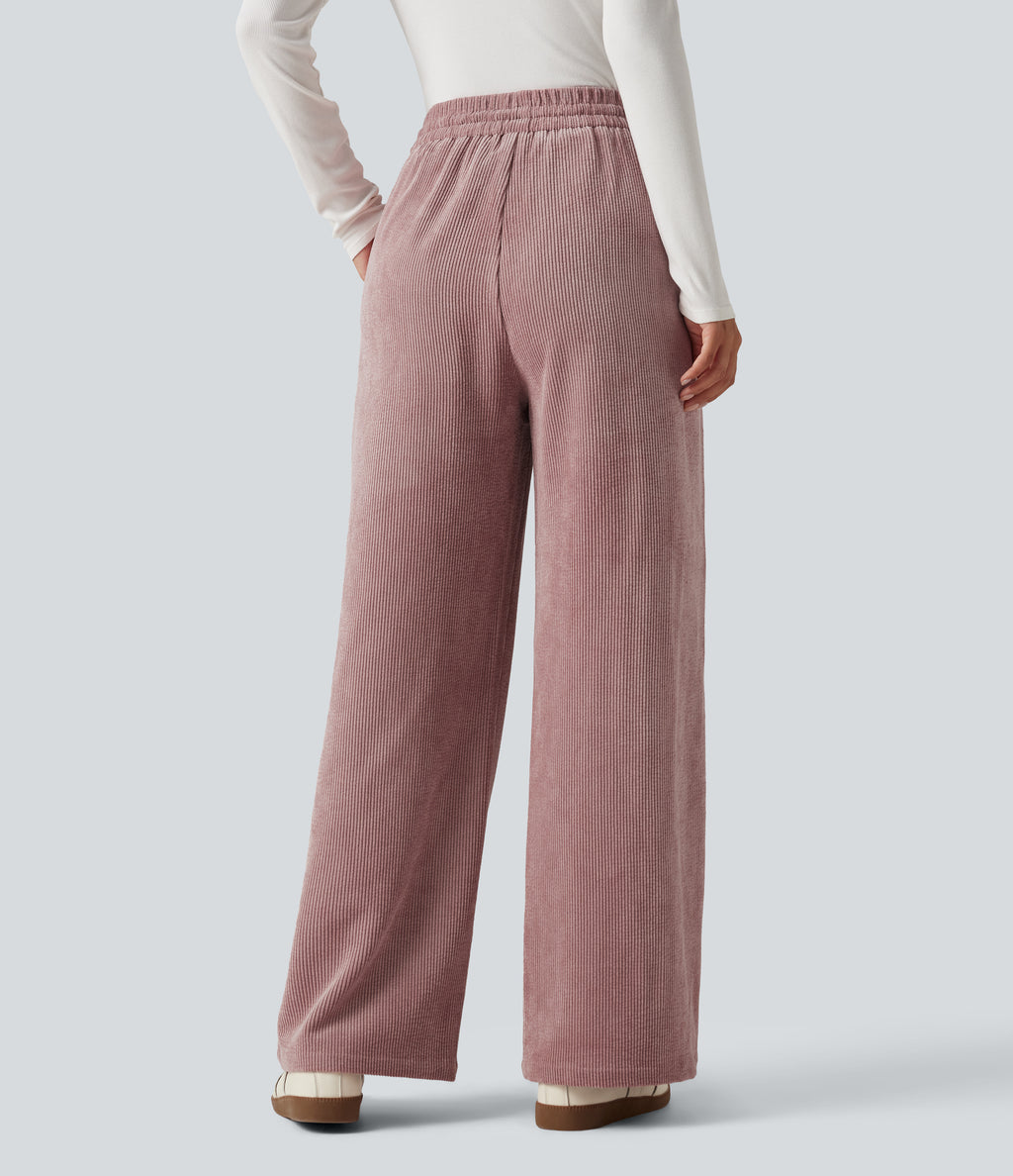High Waisted Drawstring Wide Leg Corduroy Casual Trousers with Pockets — Woodrose — view 2