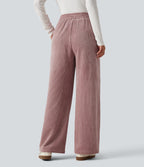 High Waisted Drawstring Wide Leg Corduroy Casual Trousers with Pockets — Woodrose — view 2
