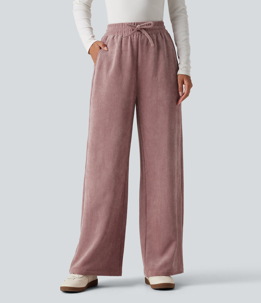 High Waisted Drawstring Wide Leg Corduroy Casual Trousers with Pockets — Woodrose — view 1