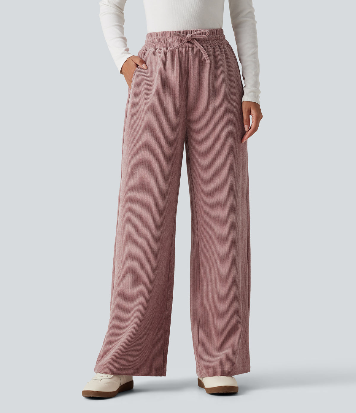High Waisted Drawstring Wide Leg Corduroy Casual Trousers with Pockets — Woodrose — view 1